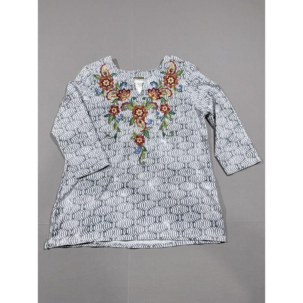 Alfred Dunner Women's Floral Embroidered Rhinestone Split Neckline Top Small